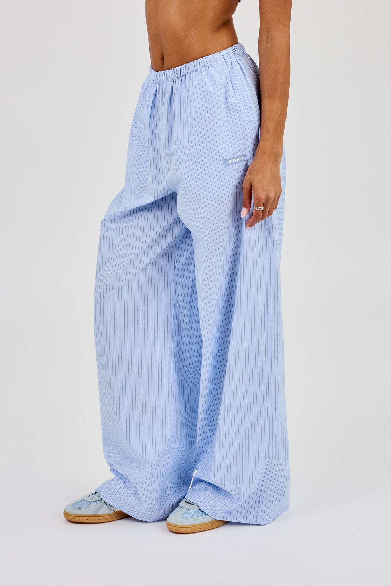 Nylon Striped Wide Leg Trouser - Baby Blue